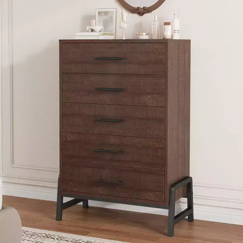 Commode à 5 tiroirs pour chambre à coucher, commode en bois avec pieds en métal