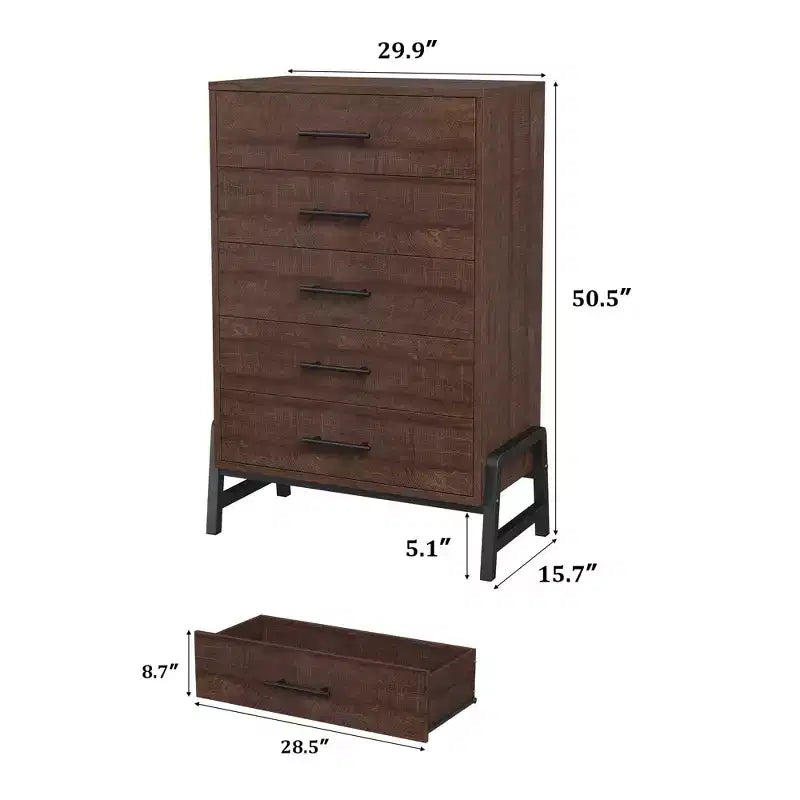 Commode à 5 tiroirs pour chambre à coucher, commode en bois avec pieds en métal