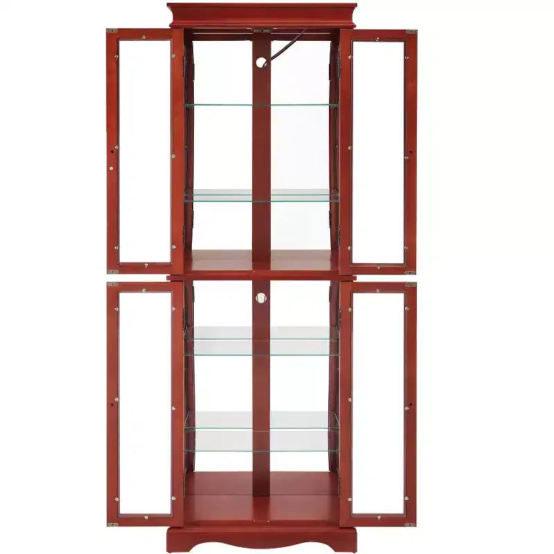 Lighted Glass Curio Display Cabinet with Wood Frame - Elegant Glass Storage for Wine, Toys & Collectibles - Perfect for Living Room, Kitchen,Cherry