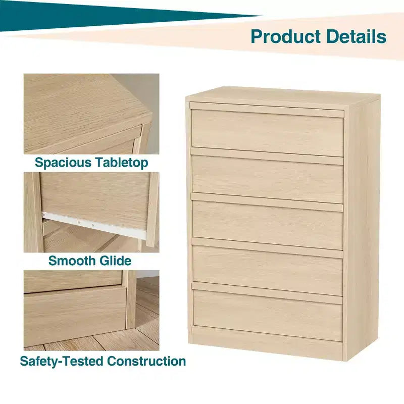 Commode à 5 tiroirs Grande commode avec grand espace de rangement, commode de rangement moderne
