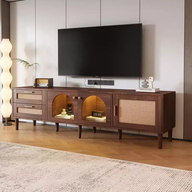 Bestier Rattan TV Stand with 3 Cabinets & 2 Drawers, Media Console Table for TVs up to 80'', LED Light Entertainment Center for Living Room