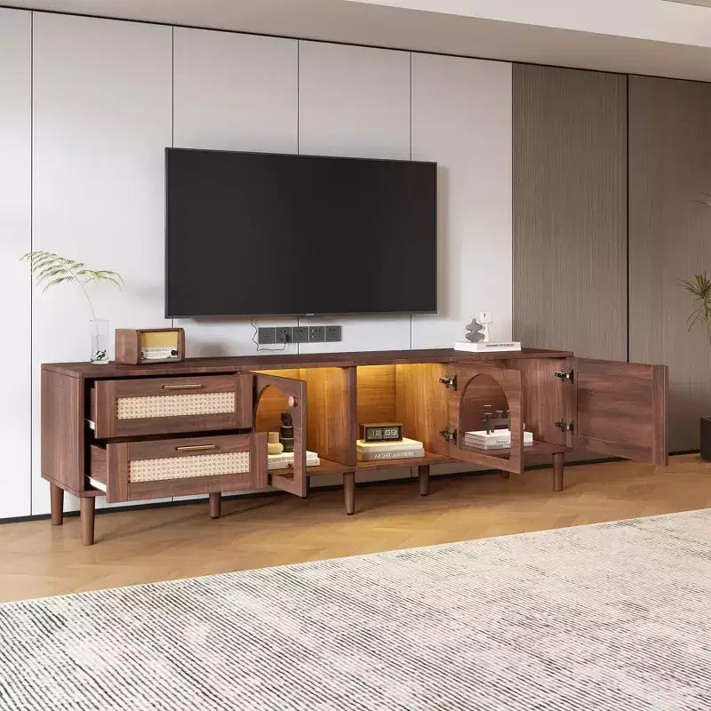 Meuble TV en rotin avec 3 armoires et 2 tiroirs, table console média à lumière LED