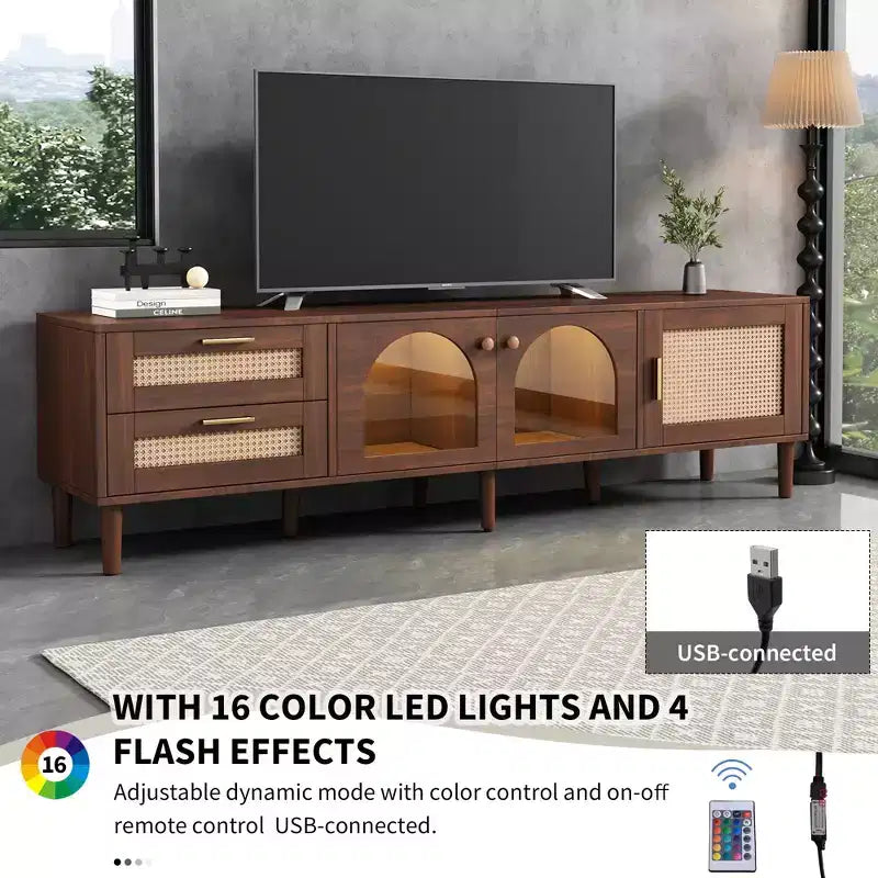 Meuble TV en rotin avec 3 armoires et 2 tiroirs, table console média à lumière LED