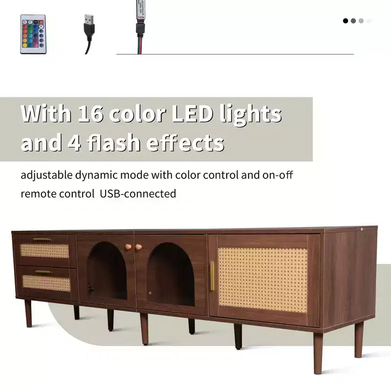 Meuble TV en rotin avec 3 armoires et 2 tiroirs, table console média à lumière LED