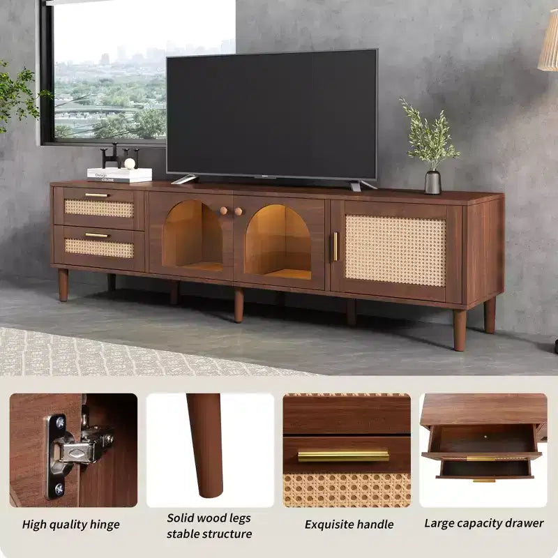 Meuble TV en rotin avec 3 armoires et 2 tiroirs, table console média à lumière LED