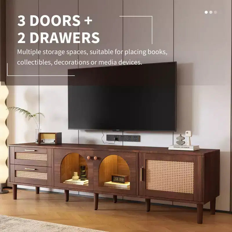 Meuble TV en rotin avec 3 armoires et 2 tiroirs, table console média à lumière LED