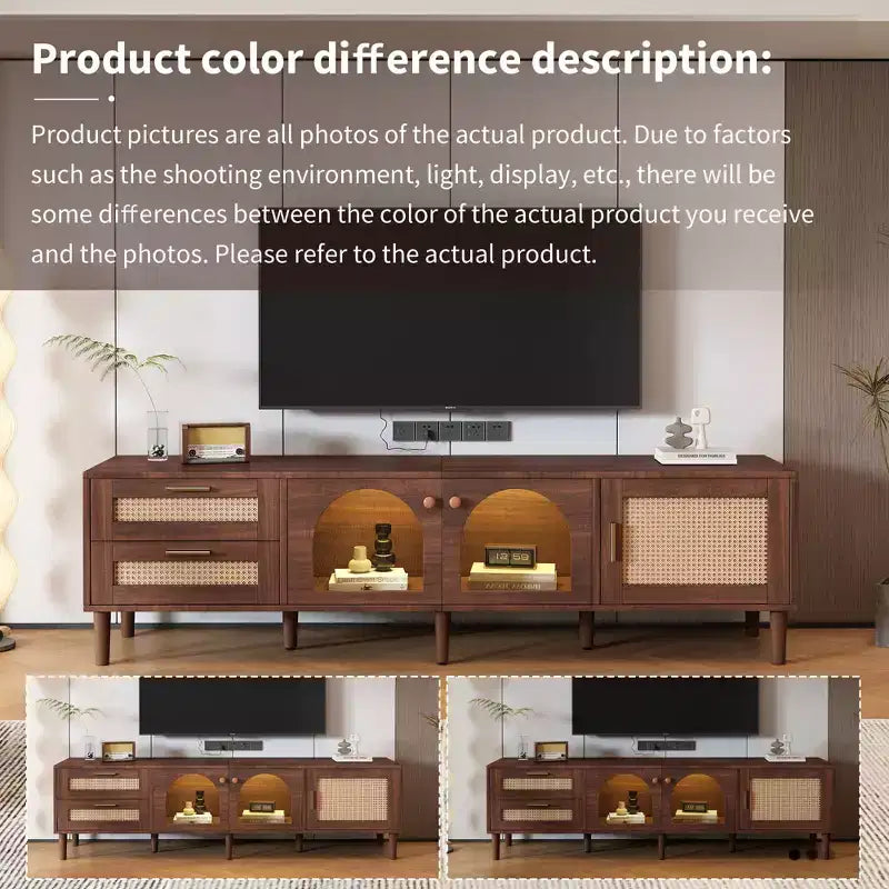 Meuble TV en rotin avec 3 armoires et 2 tiroirs, table console média à lumière LED