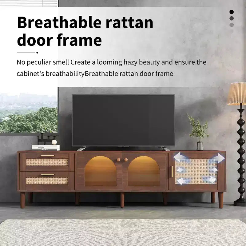 Meuble TV en rotin avec 3 armoires et 2 tiroirs, table console média à lumière LED
