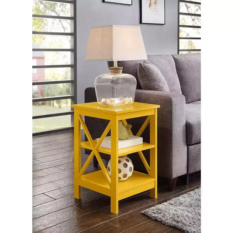 HomeStock Belmont End Table with Shelves and X Frame Panels, Transitional Side Table w/ 3 Open Tiers for Dcor, Books and Living Room Storage