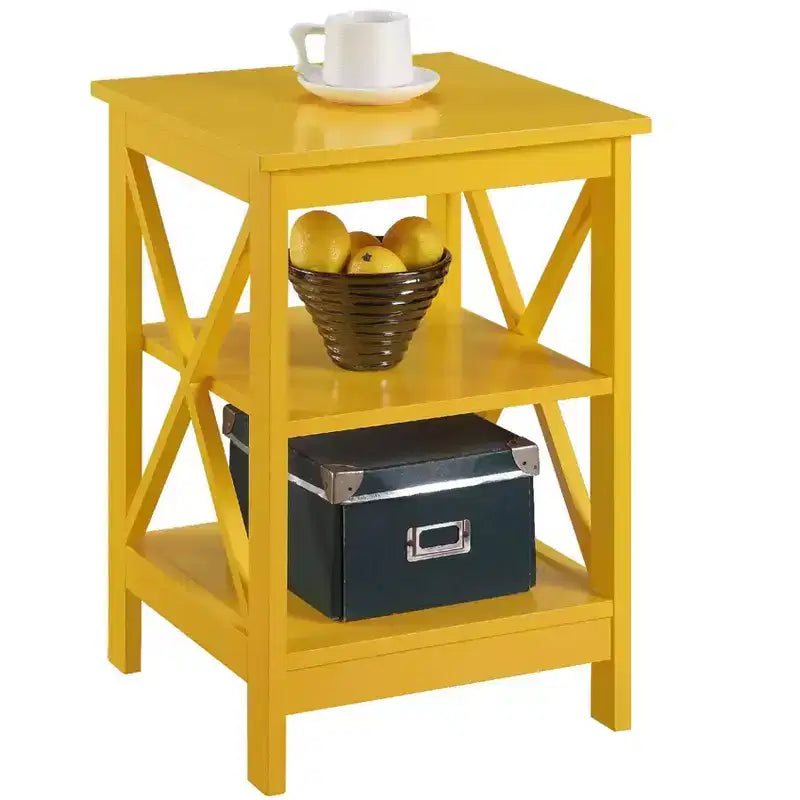 Table d'appoint avec étagères et panneaux en X, table d'appoint de style transitionnel avec 3 niveaux ouverts