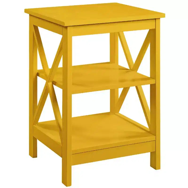 Table d'appoint avec étagères et panneaux en X, table d'appoint de style transitionnel avec 3 niveaux ouverts