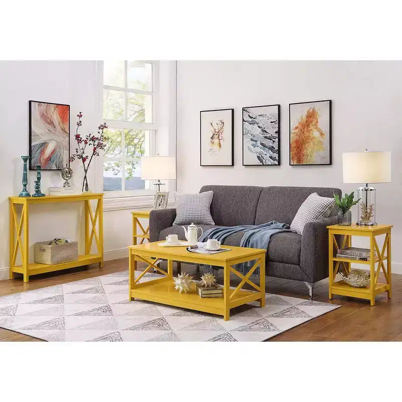Table d'appoint avec étagères et panneaux en X, table d'appoint de style transitionnel avec 3 niveaux ouverts