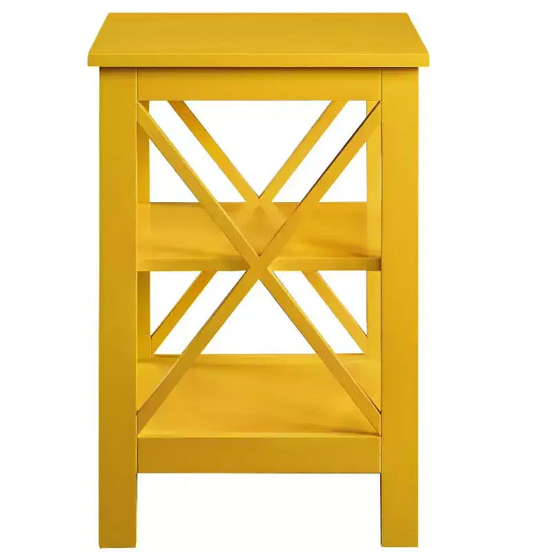 Table d'appoint avec étagères et panneaux en X, table d'appoint de style transitionnel avec 3 niveaux ouverts
