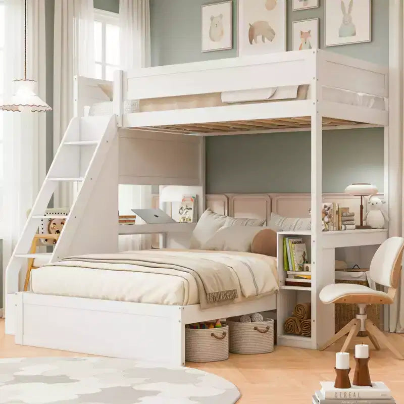Lit superposé simple XL au-dessus de lit double avec bureau, ports USB et étagères de rangement