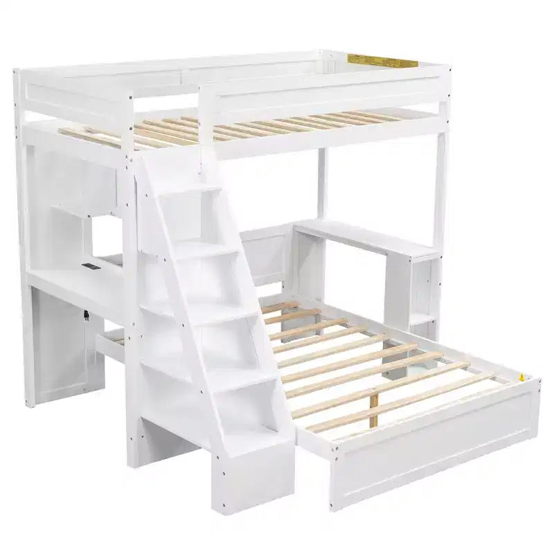 Lit superposé simple XL au-dessus de lit double avec bureau, ports USB et étagères de rangement