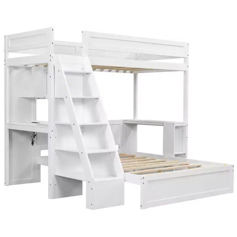 Lit superposé simple XL au-dessus de lit double avec bureau, ports USB et étagères de rangement