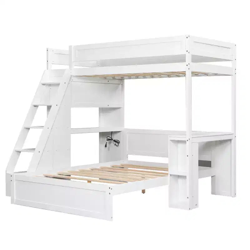Lit superposé simple XL au-dessus de lit double avec bureau, ports USB et étagères de rangement