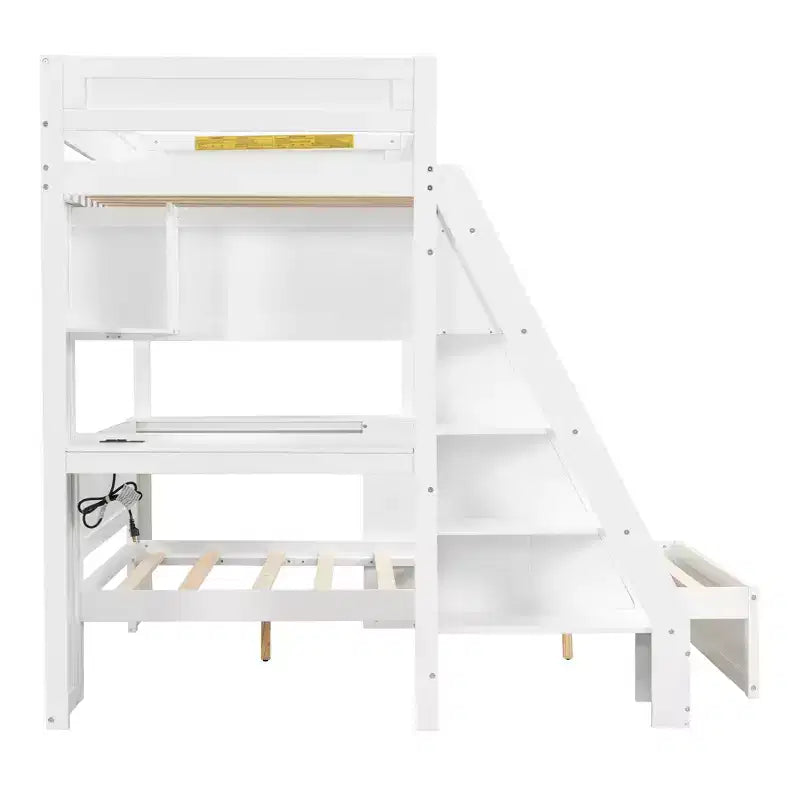 Lit superposé simple XL au-dessus de lit double avec bureau, ports USB et étagères de rangement