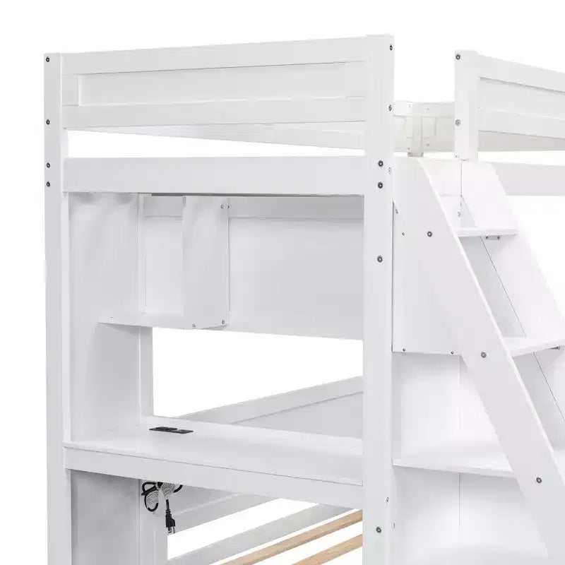 Lit superposé simple XL au-dessus de lit double avec bureau, ports USB et étagères de rangement