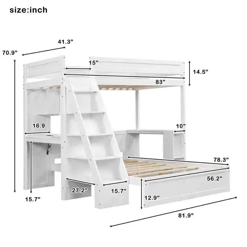 Lit superposé simple XL au-dessus de lit double avec bureau, ports USB et étagères de rangement