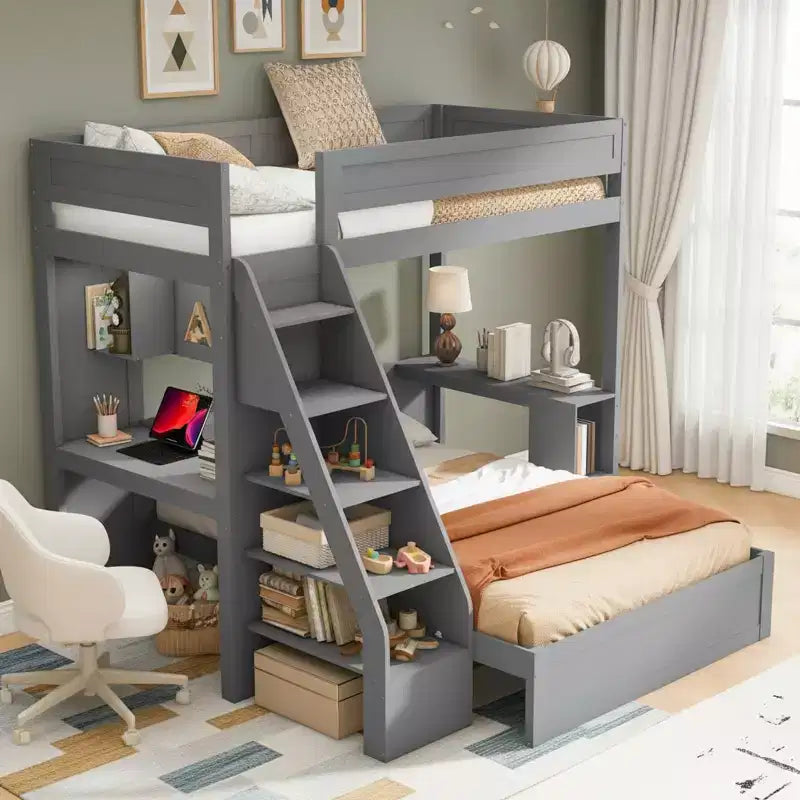 Lit superposé simple XL au-dessus de lit double avec bureau, ports USB et étagères de rangement
