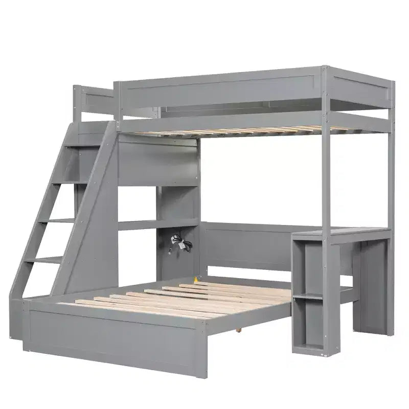 Lit superposé simple XL au-dessus de lit double avec bureau, ports USB et étagères de rangement