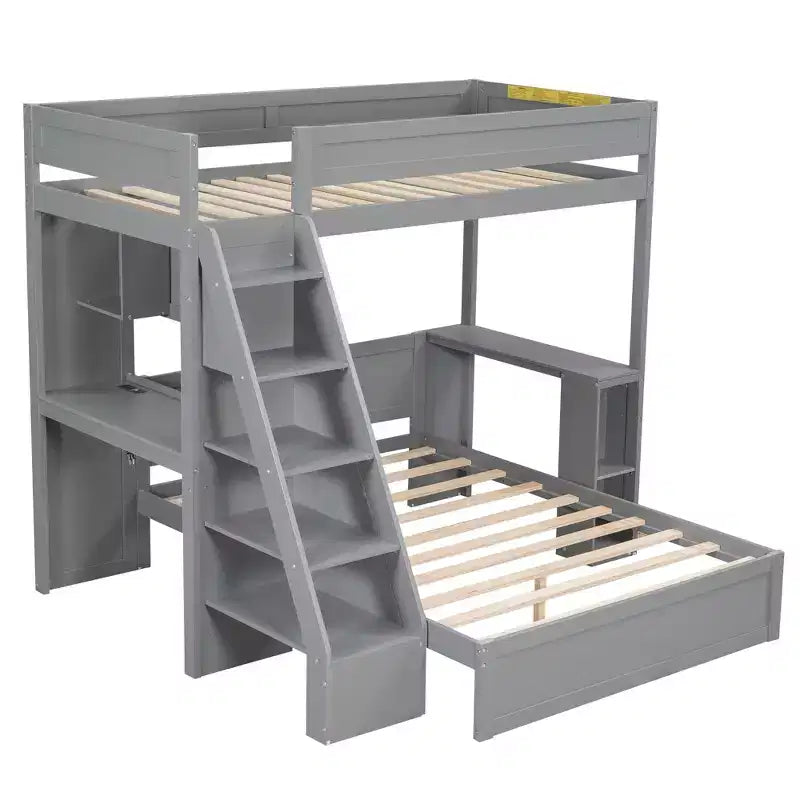 Lit superposé simple XL au-dessus de lit double avec bureau, ports USB et étagères de rangement