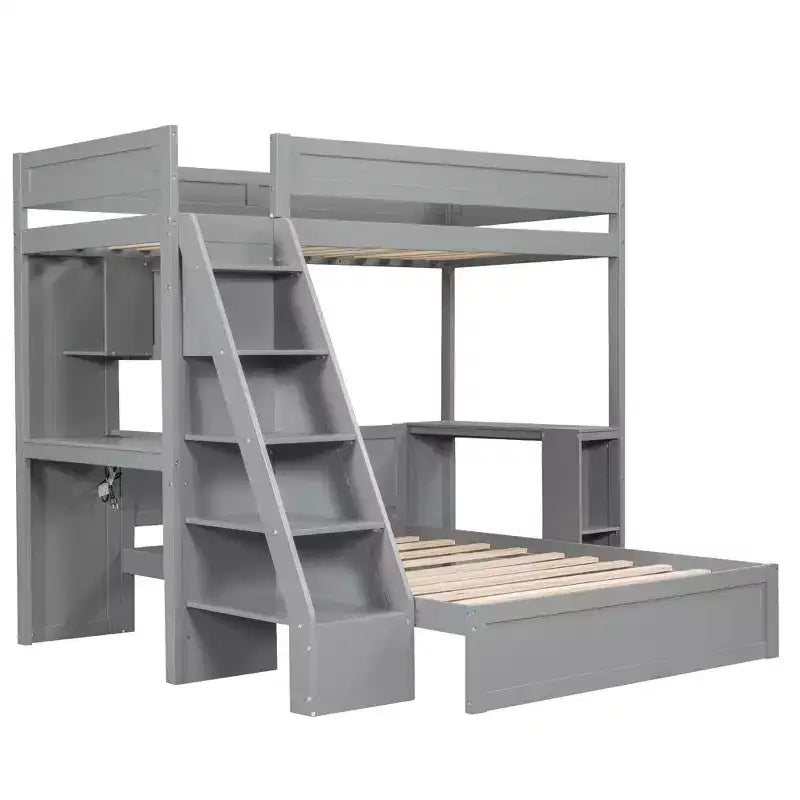 Lit superposé simple XL au-dessus de lit double avec bureau, ports USB et étagères de rangement