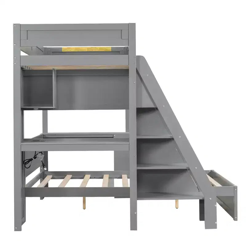Lit superposé simple XL au-dessus de lit double avec bureau, ports USB et étagères de rangement