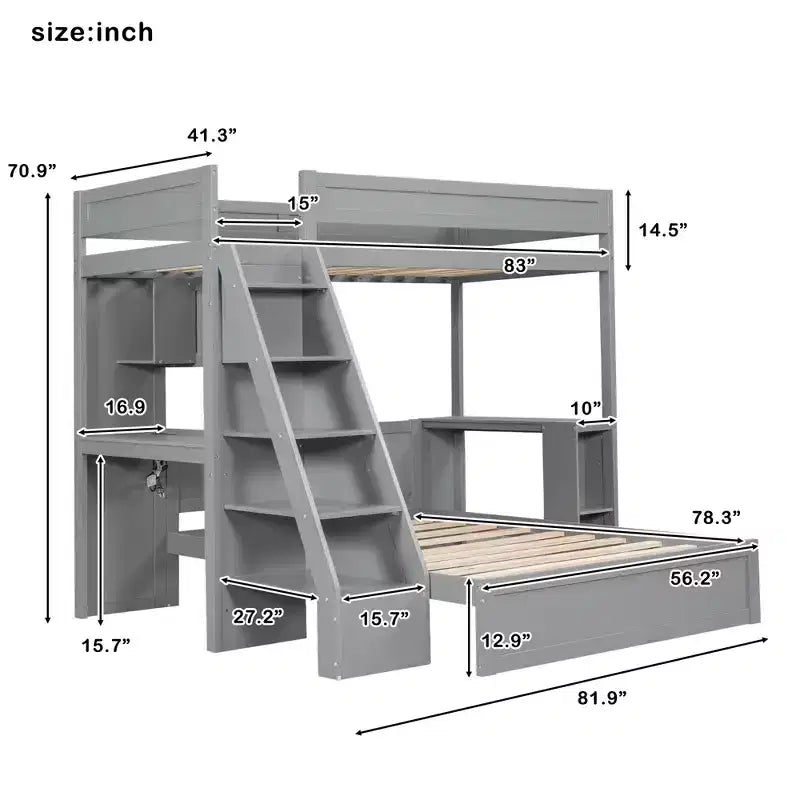 Lit superposé simple XL au-dessus de lit double avec bureau, ports USB et étagères de rangement
