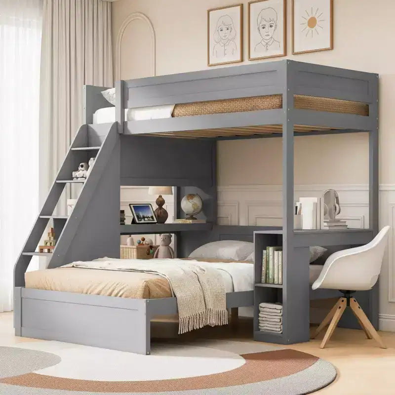 Polibi Twin XL Over Full Bunk Bed with Desk, USB Ports & Storage Shelves