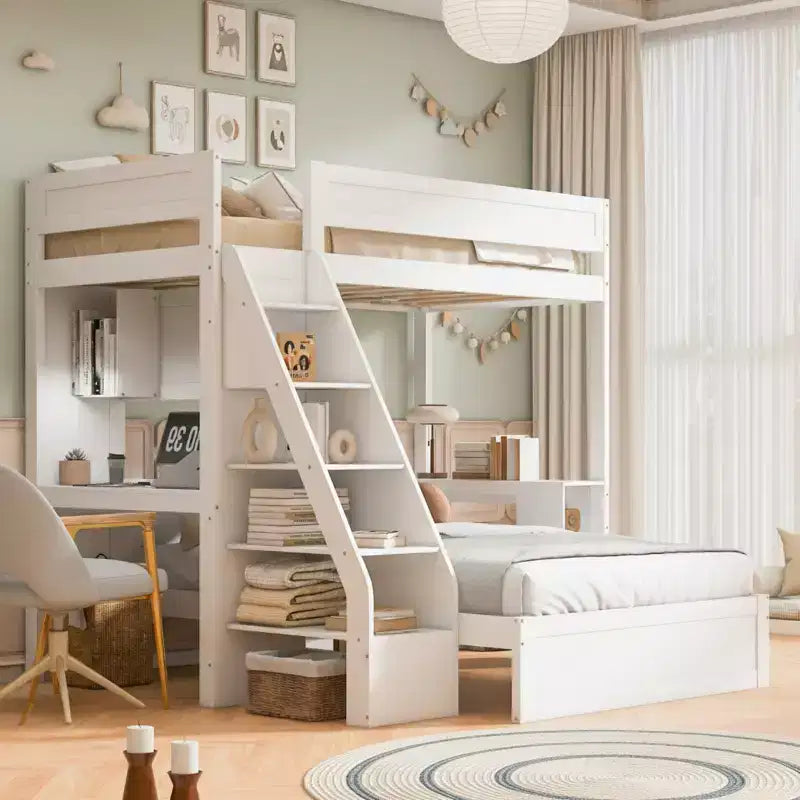 Lit superposé simple XL au-dessus de lit double avec bureau, ports USB et étagères de rangement