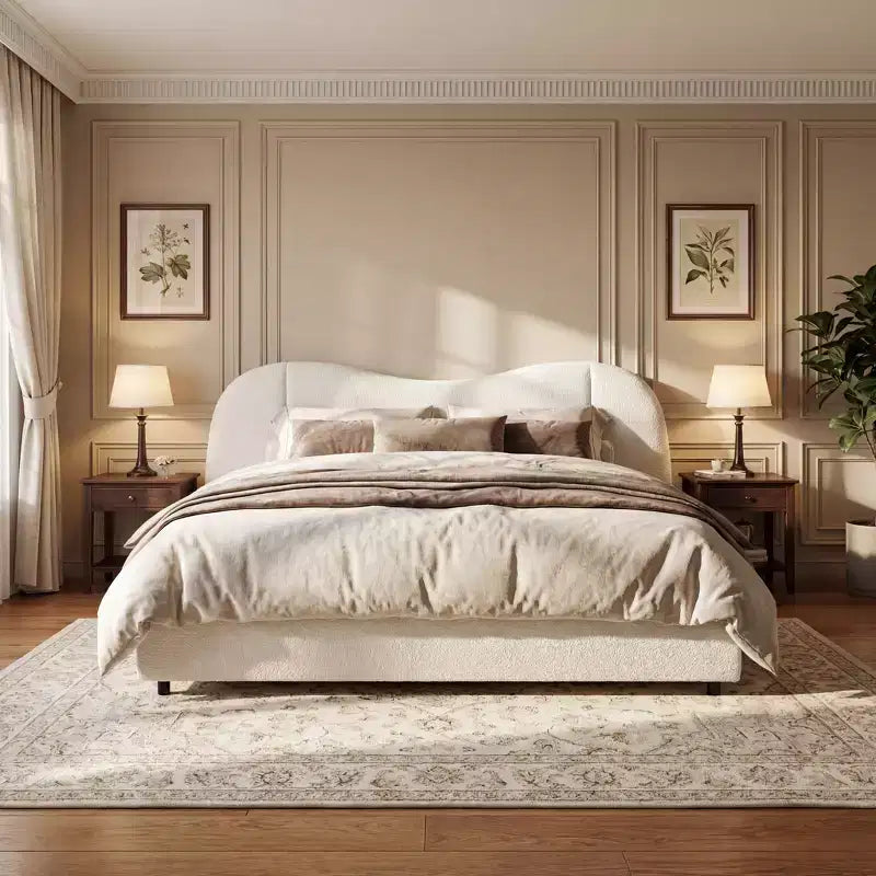 Christopher Knight Home Sirirat Modern Wooden Boucle Upholstered Bed Frame with Curved Headboard