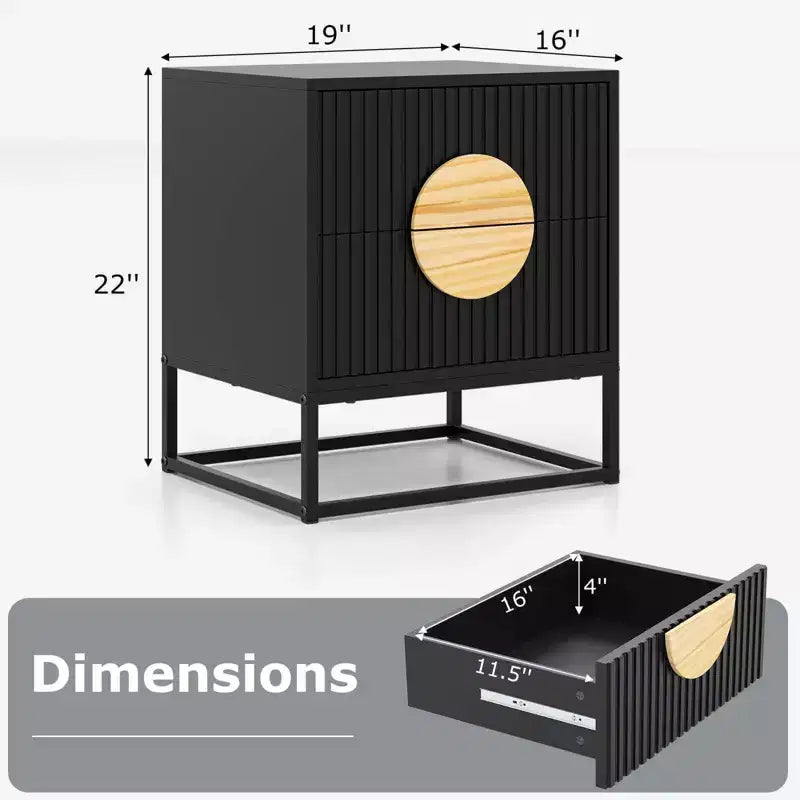 Table de chevet cannelée à 2 tiroirs avec poignées en bois de pin et cadre en métal