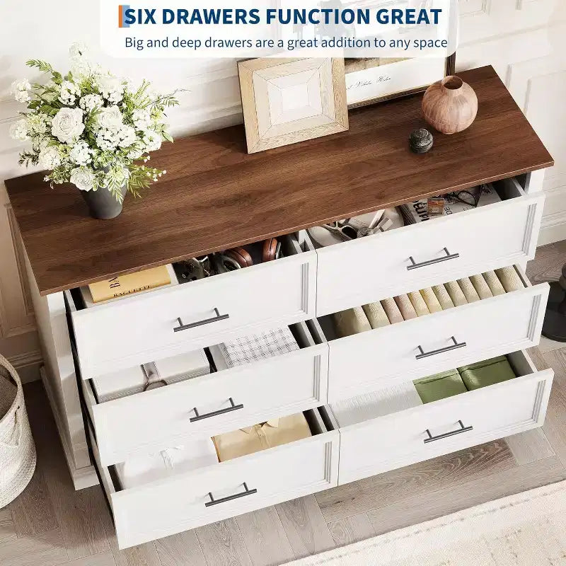 White 6 Drawer Farmhouse Dresser with Metal Handles for Bedroom, Living Room, Hallway, Easy Assembly