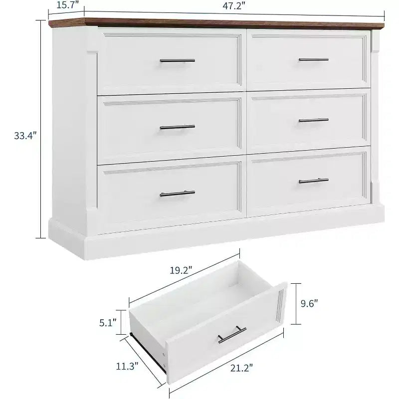 Commode de ferme blanche à 6 tiroirs avec poignées en métal