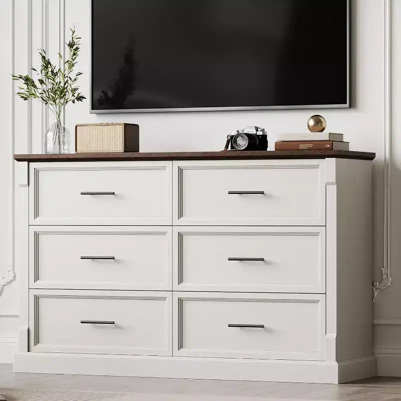 Commode de ferme blanche à 6 tiroirs avec poignées en métal