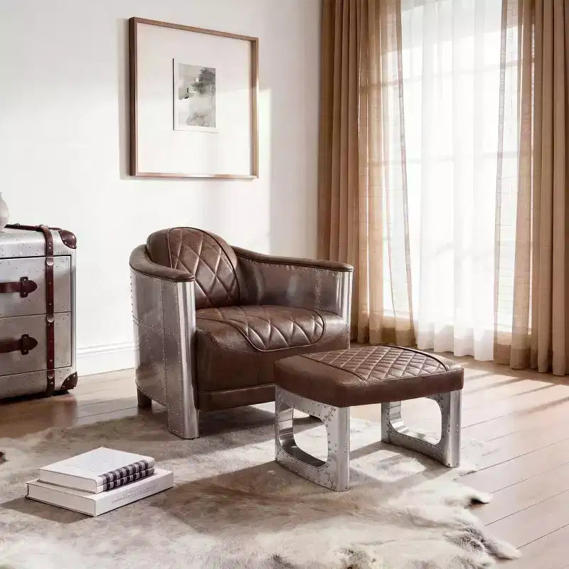 Ottoman en cuir véritable, repose-pied industriel du milieu du siècle avec patchwork en aluminium