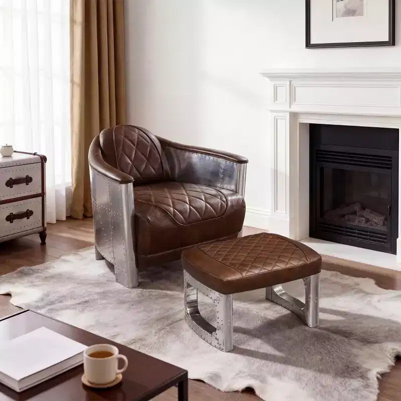 Ottoman en cuir véritable, repose-pied industriel du milieu du siècle avec patchwork en aluminium