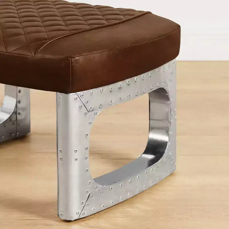 Ottoman en cuir véritable, repose-pied industriel du milieu du siècle avec patchwork en aluminium