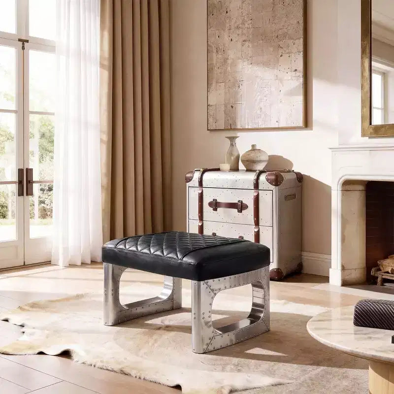 Ottoman en cuir véritable, repose-pied industriel du milieu du siècle avec patchwork en aluminium
