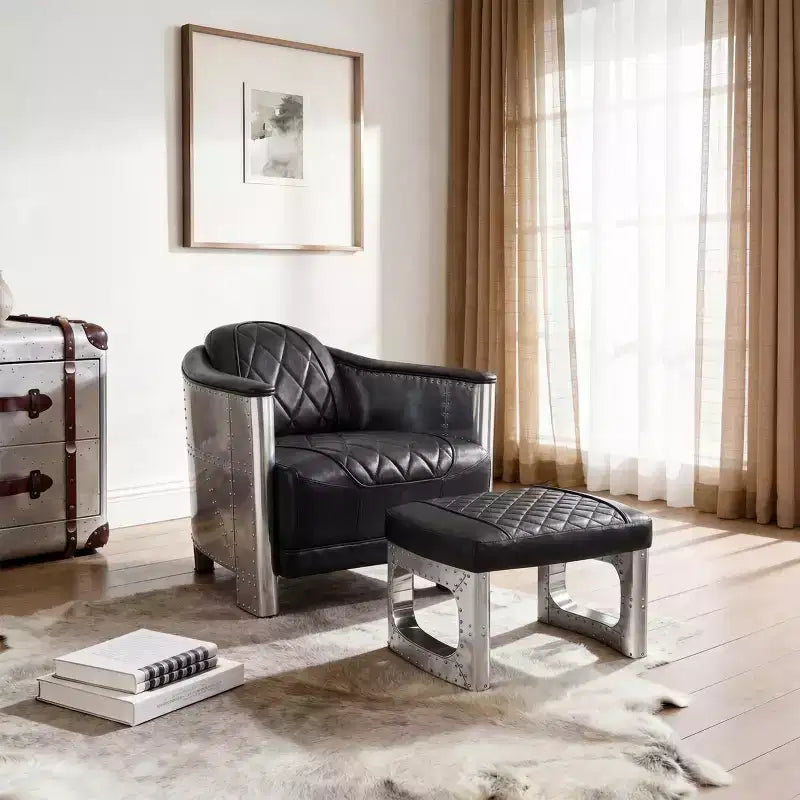 Ottoman en cuir véritable, repose-pied industriel du milieu du siècle avec patchwork en aluminium