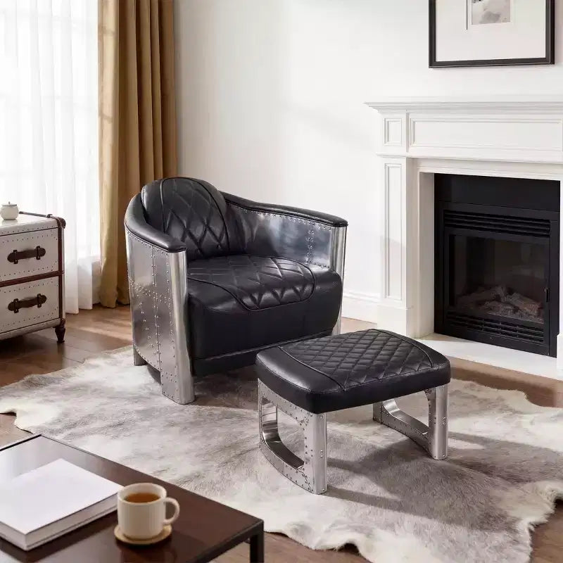 Ottoman en cuir véritable, repose-pied industriel du milieu du siècle avec patchwork en aluminium