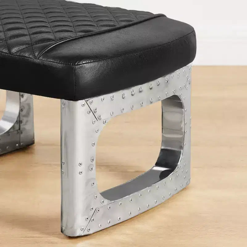 Ottoman en cuir véritable, repose-pied industriel du milieu du siècle avec patchwork en aluminium