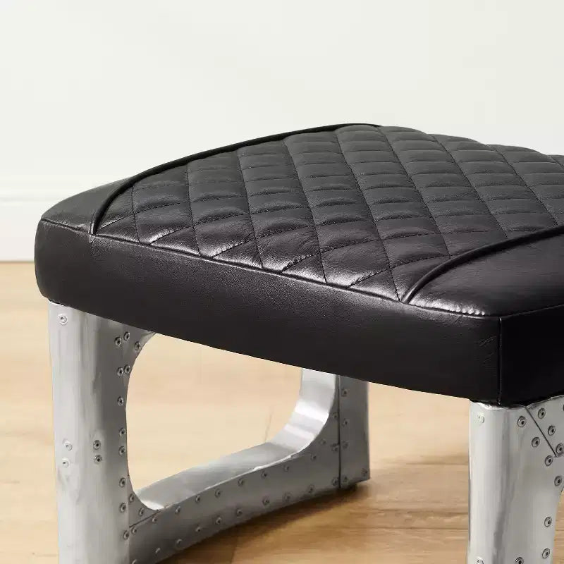 Ottoman en cuir véritable, repose-pied industriel du milieu du siècle avec patchwork en aluminium