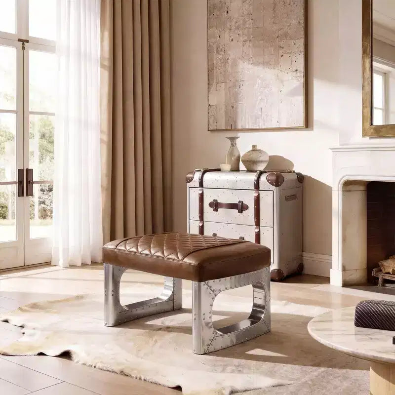 Ottoman en cuir véritable, repose-pied industriel du milieu du siècle avec patchwork en aluminium