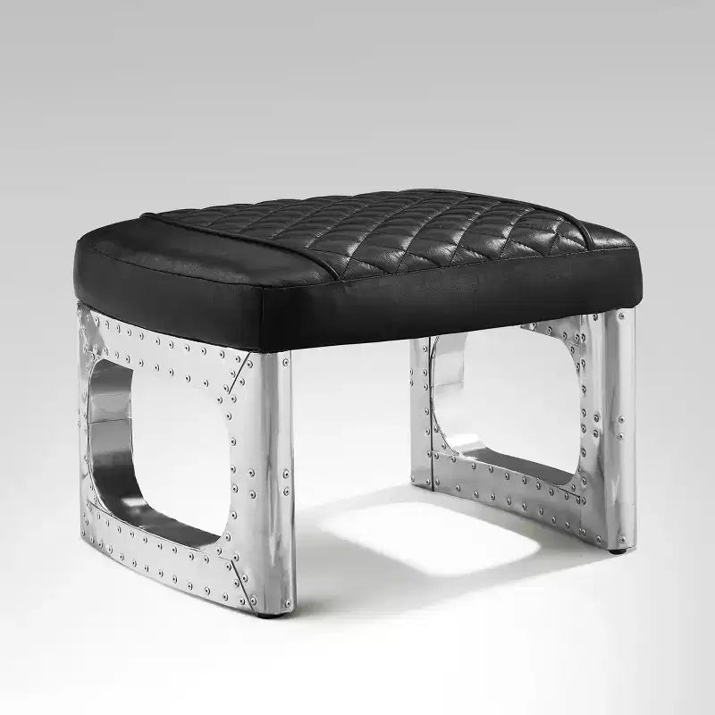 Art Leon Genuine Leather Ottoman, Mid Century Industrial Footrest with Aluminum Patchwork