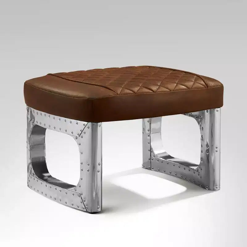 Ottoman en cuir véritable, repose-pied industriel du milieu du siècle avec patchwork en aluminium