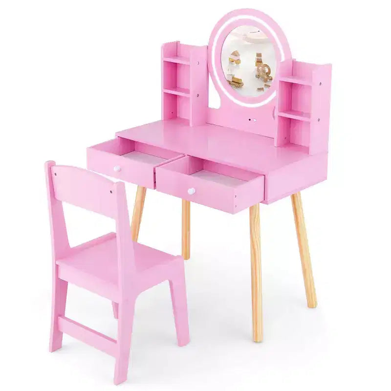 Coiffeuse Enfant Princesse avec Miroir Acrylique Lumineux LED 2 Couleurs Blanc/Rose