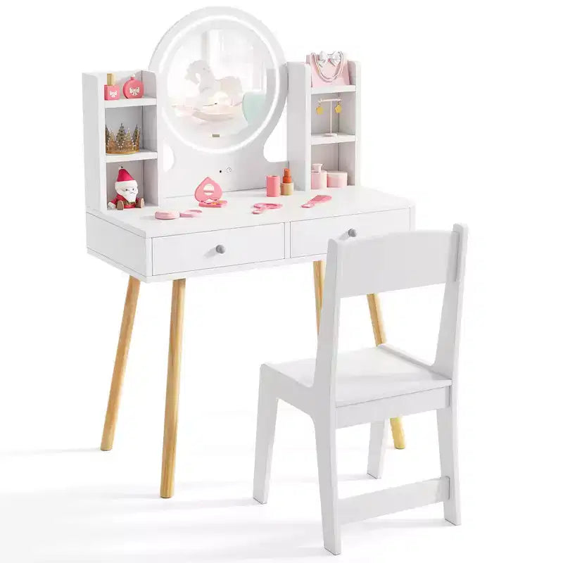 Coiffeuse Enfant Princesse avec Miroir Acrylique Lumineux LED 2 Couleurs Blanc/Rose